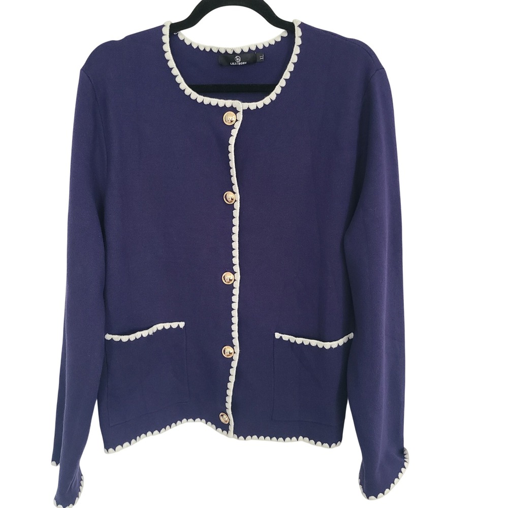 LILLUSORY Navy Blue Scallop Trim Cardigan Gold Button Lady Jacket Sweater XL